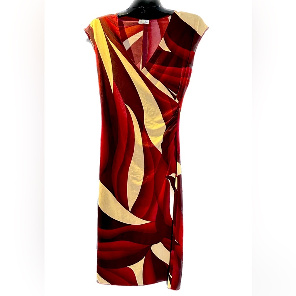 Classic Wrap Dress , multi-colored with a mix of burgundy, beige, maroon